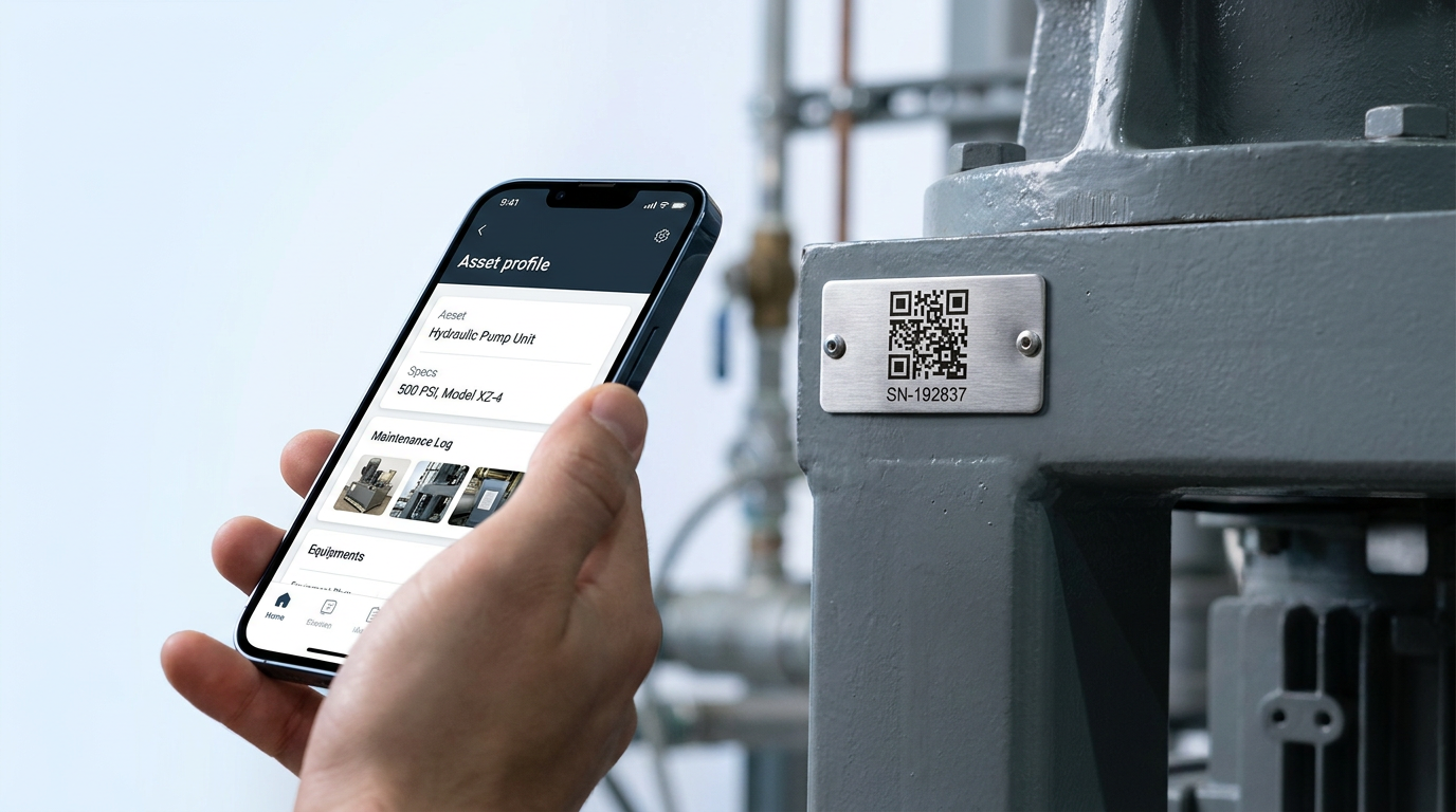 Hand scanning a stainless steel QR code asset tag