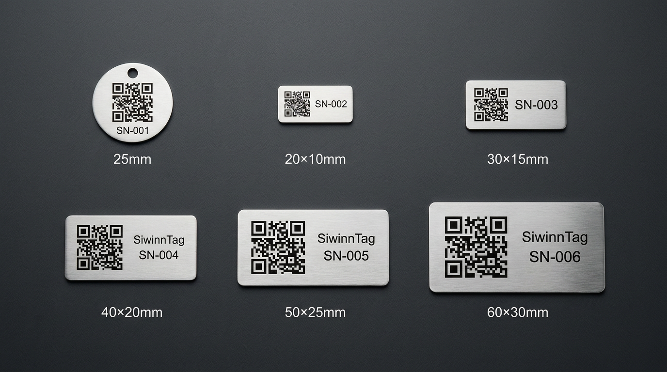 SiwinnTag product range — 6 sizes including round and rectangular